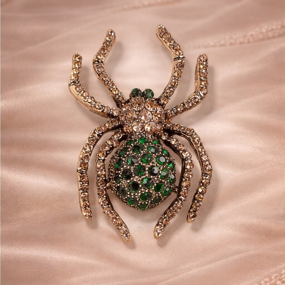 Gothic Spider Brooch with Green Cream Crystals
